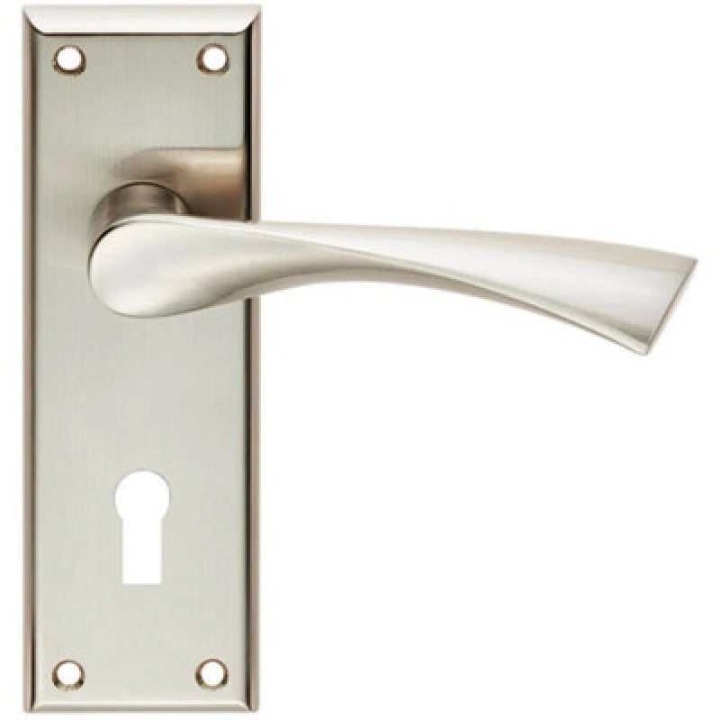 Image of Loops PAIR Angular Lever on Lock Backplate Door Handle 150 x 50mm Satin Nickel Metallics