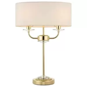 Image of Twin Light Table Lamp 2 Bulb Brass & White Shade Crystal Trim Bedside Feature