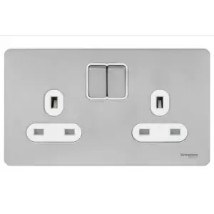 Image of Schneider Electric Ultimate Screwless Flat Plate - Switched Double Power Socket, Double Pole, 13A, GU3420DWSS, Stainless Steel with White Insert