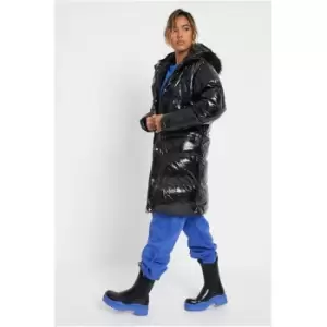 Image of I Saw It First Black High Shine Oversized Puffer With Black Fur Hood - Black