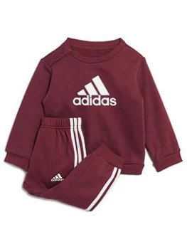 Image of Boys, Adidas Infant Unisex Badge Of Sport Logo Crew & Jog Pant Set, Red/White, Size 9-12 Months