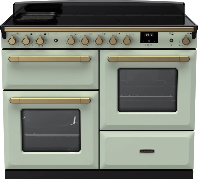 Image of Rangemaster Estel Deluxe ESDLO110EIPMNT/AB1 110cm wide Electric Range Cooker with Induction Hob - Mint / Antique Brass - A Rated