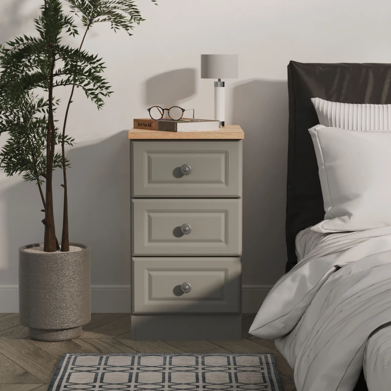 Image of Welcome Furniture Ready Assembled Norfolk 3 Drawer Bedside Cabinet In Dusk Grey & Bardolino Oak, Grey NOR001DGBO