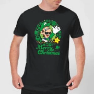 Image of Nintendo Super Mario Luigi Merry Christmas Wreath Black T-Shirt - M - Black