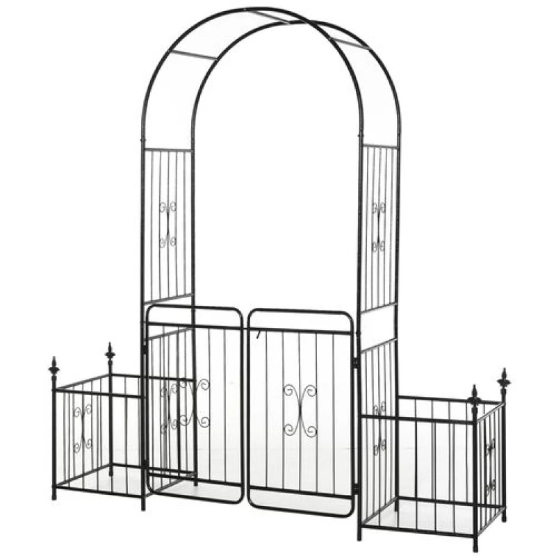 Image of Outsunny Metal Garden Arbor Arch Gate w/ 2 Side Planter Boxes & Vine Frame, Black 844-333