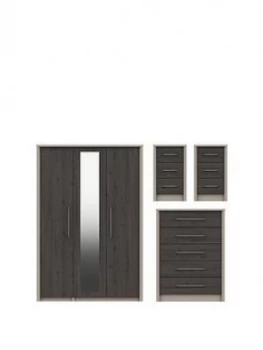 Image of Smyth Part Assembled 3 Piece Package - 3 Door Mirrored Wardrobe, 5 Drawer Chest And 2 Bedside Chests