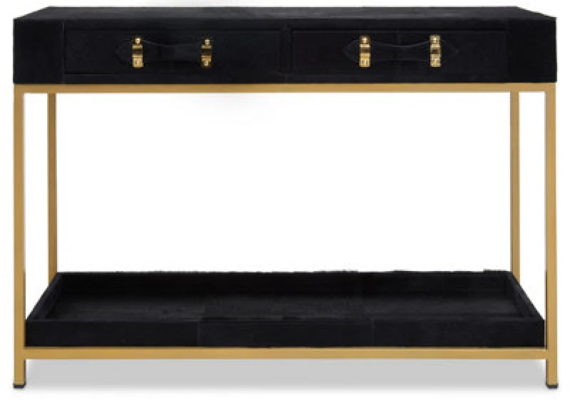 Image of Premier Housewares Hair on Hide Console Table, Black Modern Console Table with 2 Drawer Storage, Luxe Design with Gold Frame Black