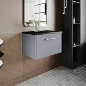 Image of Hudson Reed Juno Wall Hung 1-Drawer Vanity Unit with Sparkling Black Worktop 600mm Wide - Coastal Grey