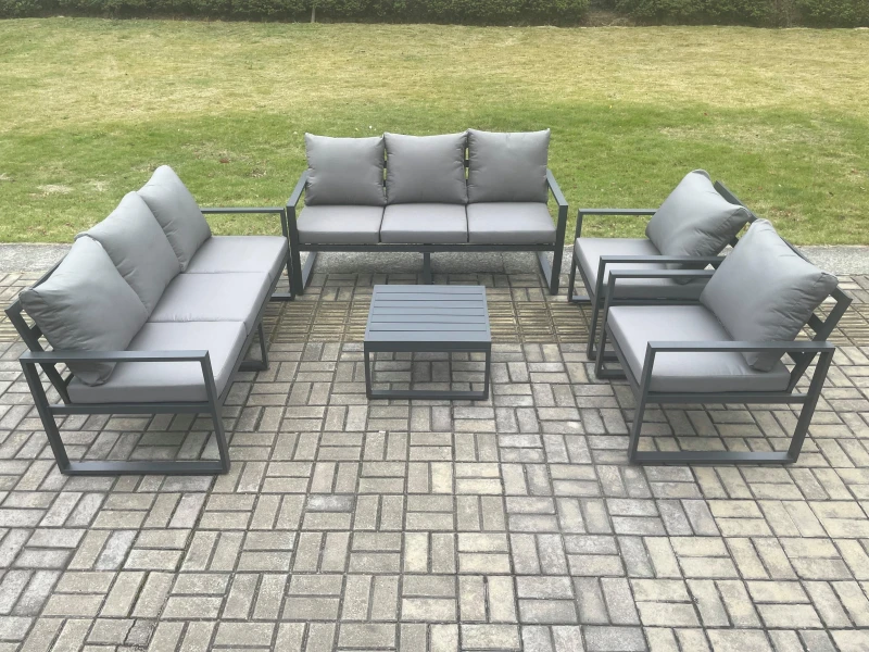 Image of Fimous Aluminium Outdoor Lounge Sofa Set Garden Furniture Sets with Square Coffee Table 2 Chairs Dark Grey 8 Seater Dark Grey Unisex