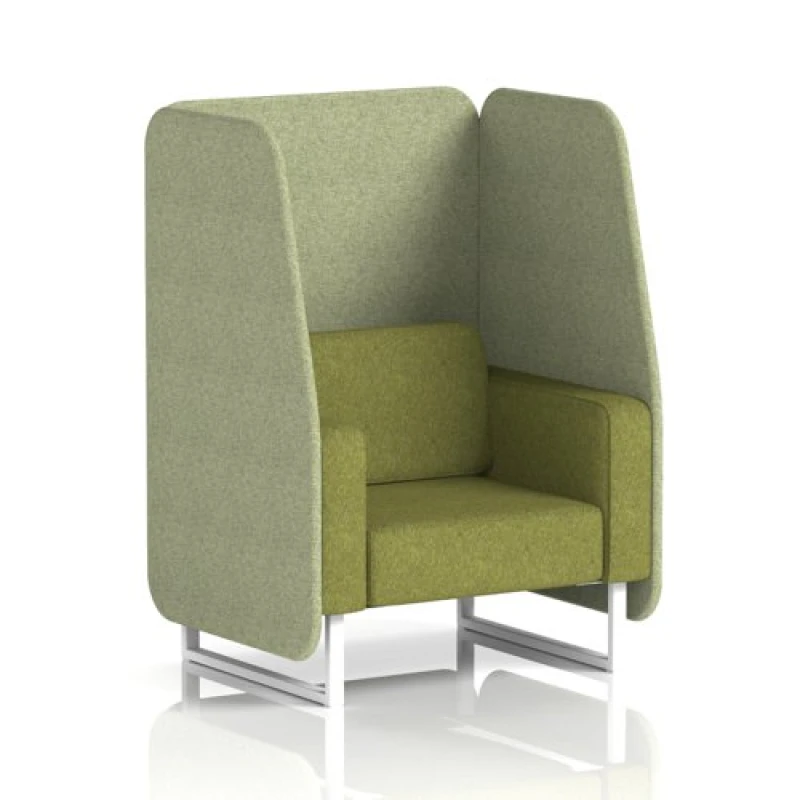 Image of Brixworth 1 Seater Open Office Booth with White Legs in Rivet Fabric - Burnish Panels and Olive Sofa