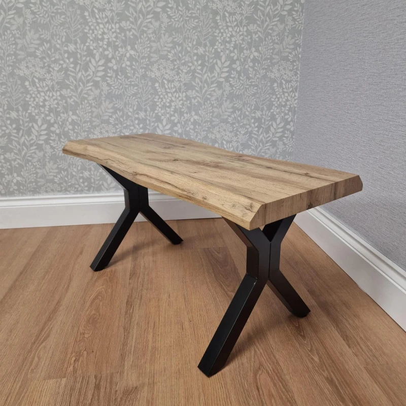 Image of KOSY KOALA Durable Wooden Bench with X-Shaped Iron Legs, Curved Edge for Dining, Work, or Study in Brown Brown Unisex