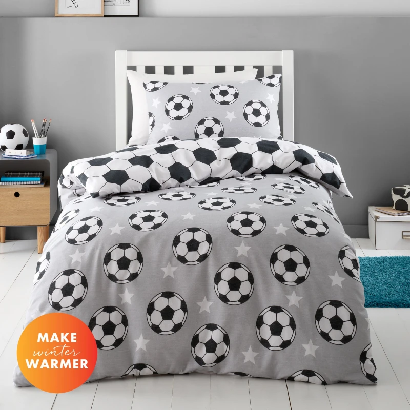 Image of Catherine Lansfield Brushed Cotton Football Stars Duvet Cover Set - Grey Grey Junior