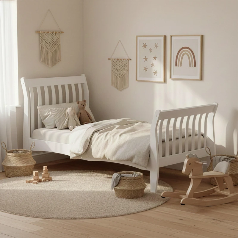 Image of Lassic Orion Kids Single Wooden Sleigh Bed & Mattress Set White unisex Single