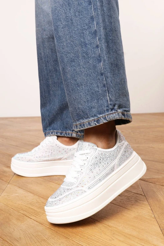 Image of Where's That From Womens 'Darcia' Wedge Lace Up trainer with diamante Detail in White Size: 6 White Female 6