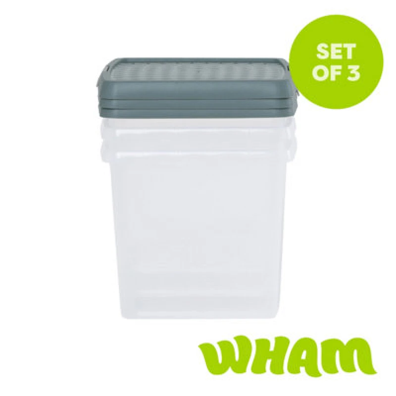 Image of Wham Clip 3X 14L Square Plastic Storage Boxes With Clip Lock Lids. Ideal For Home, Office, Toys & More - Clear/green Milieu