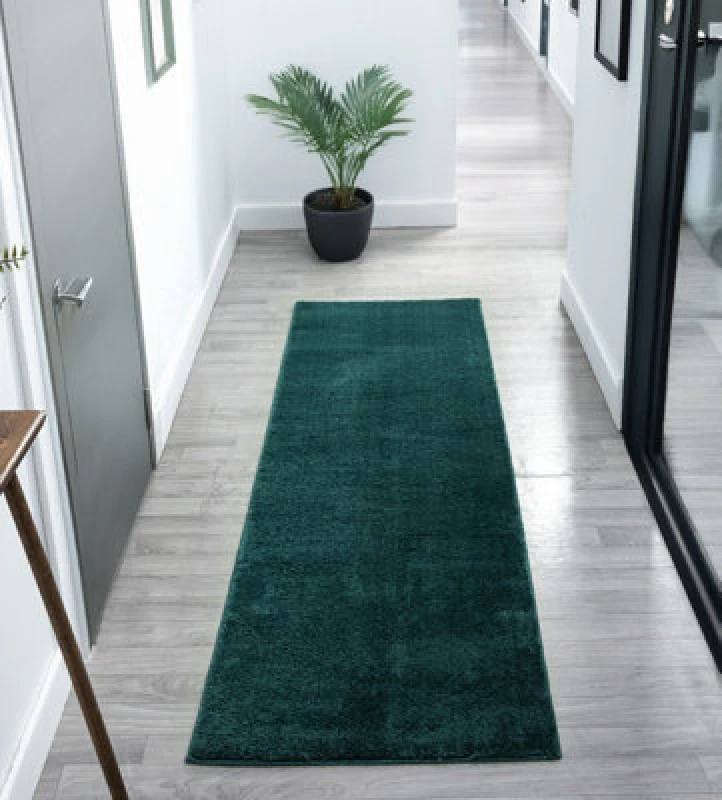 Image of Comfy Washable Low Pile Living Room Area Rug - Anti Slip Felt Backing Emerald 60Cm X 200Cm