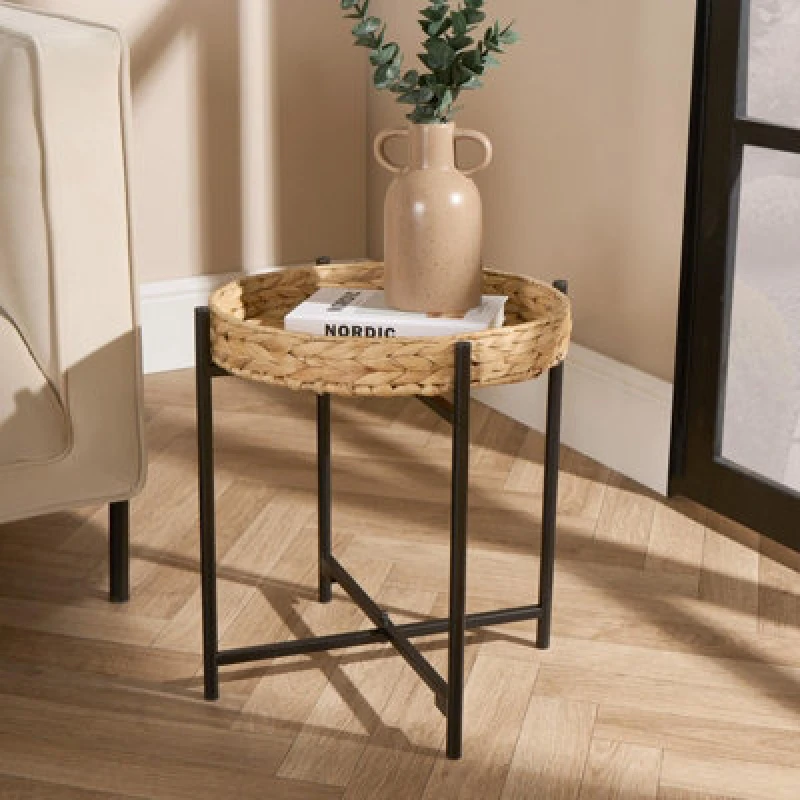 Image of OHS OHS Rattan Top Tray Table Living Room Modern Home Decor Bedroom Nightstand Furniture in Black One Size Unisex 5027434198375