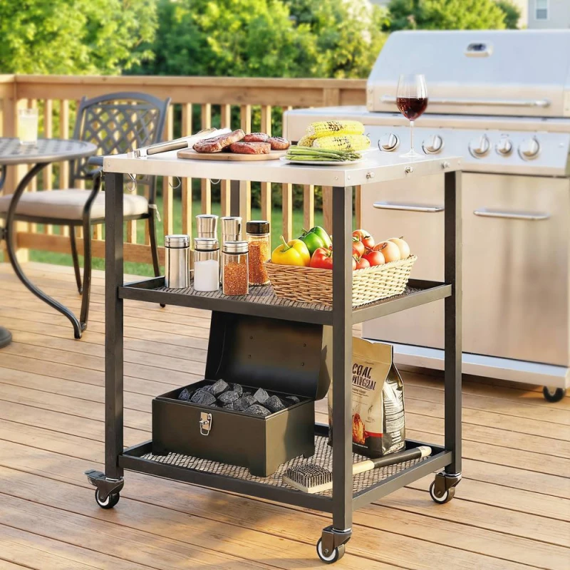 Image of OUTSUNNY Outdoor Grill Cart, Pizza Oven Stand with Adjustable Shelf, Hooks in Black Unisex