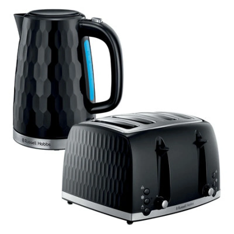 Image of Russell Hobbs 4 Slice Toaster & Kettle Set, Honeycomb Black
