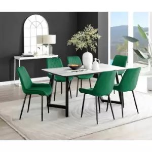 Image of Furniture Box Carson White Marble Effect Dining Table and 6 Green Pesaro Black Leg Chairs