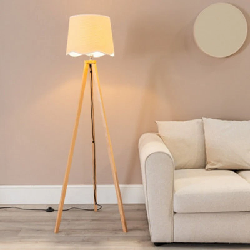 Image of ValueLights Barbro Light Wood Tripod Floor Lamp with Linen Scallop Edge Shade and LED Bulb White
