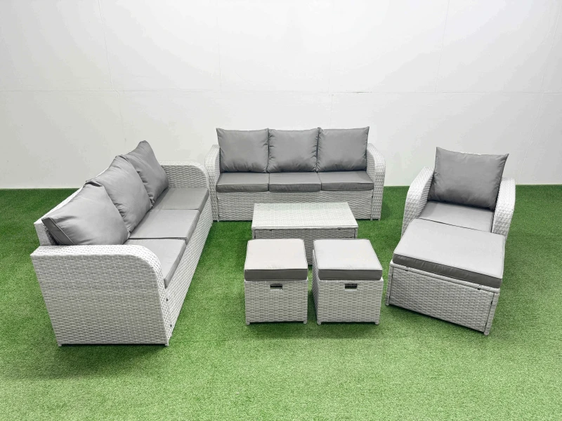 Image of Fimous 10 Seater Poly Rattan Outdoor Garden Furniture Sofa Set Patio 3 Seater Sofa Reclining Chair 3 Seater Sofa 3 Stools Light Grey Light Grey