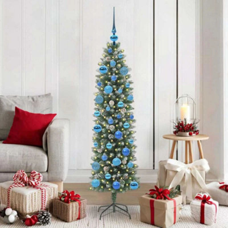 Image of vidaXL Artificial Slim Christmas Tree with Blue Balls Green and white 150 cm, Green 3395288