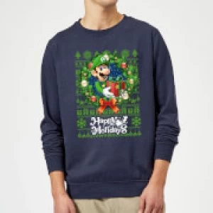 Image of Nintendo Super Mario Happy Holidays Luigi Christmas Sweatshirt - Navy - M
