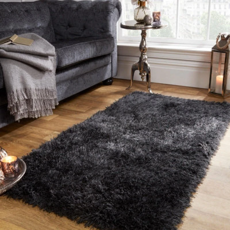 Image of OHS OHS Shaggy Floor Rug Large Plain Soft Sparkle Mat Thick 5cm Pile in Dark Grey Size: 160cm x 230cm Dark Grey 160cm x 230cm Unisex 5027434113743