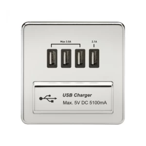 Image of KnightsBridge 1G Screwless Polished Chrome Quad USB 5V Charger Outlet - Black Insert