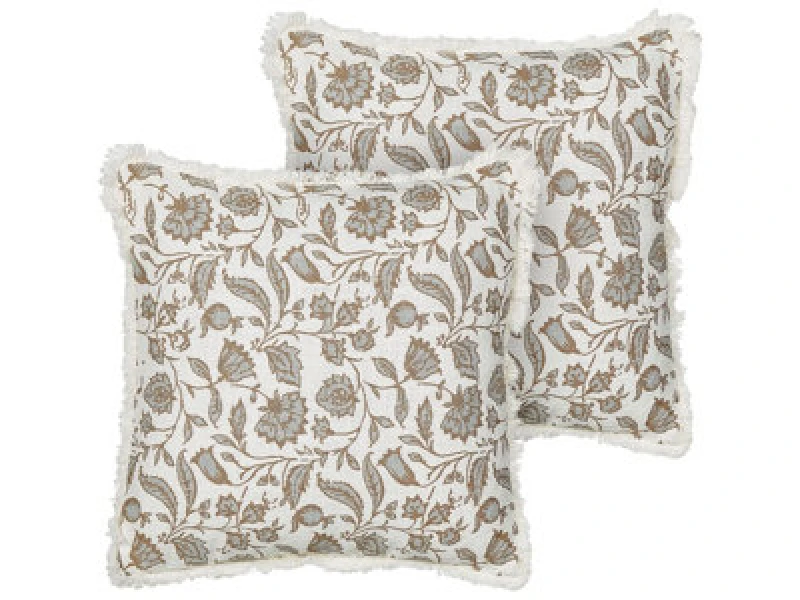 Image of Beliani Set Of 2 Decorative Cushions Livistona Cotton 45 X 45cm White Floral Pattern