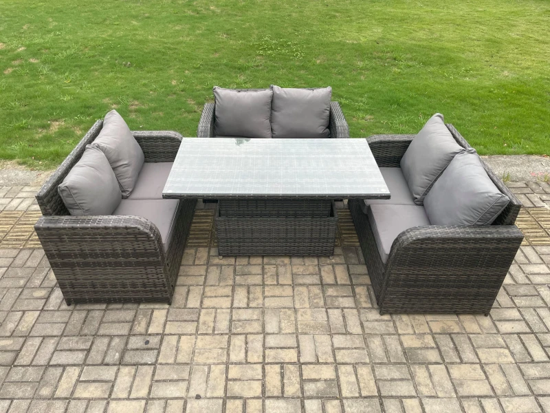 Image of Fimous Rattan Garden Outdoor Furniture 3 PC Love Sofa Set Patio Adjustable Rising lifting Dining Table Dark Grey Mixed Dark Grey