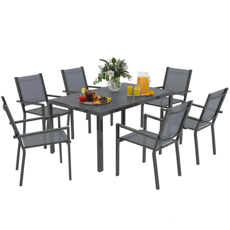 Image of Outsunny 7 Piece Garden Dining Set, Outdoor Furniture w/ 6 Stackable Chairs, Grey 84G-800V00GY