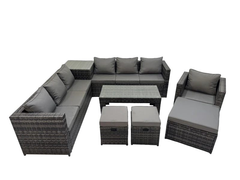 Image of Fimous Garden Rattan Outdoor Furniture Set 10 Seater with 3 Stool Side Table in Dark Grey Dark Grey Unisex
