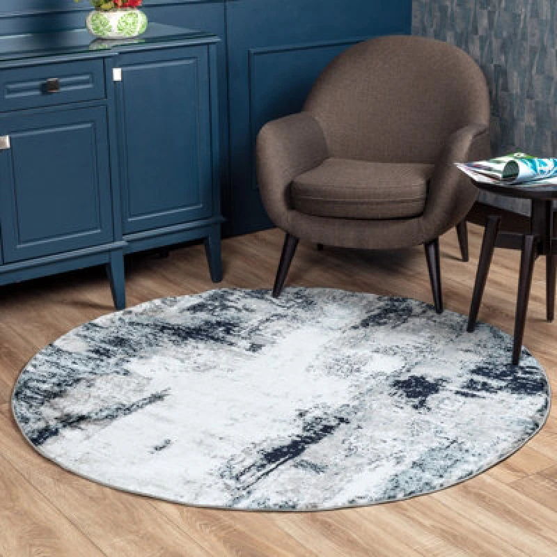 Image of Livabliss Round Abstract Modern Marble Aqua/navy Giulia Area Rug 200 X 200 Cm - Easy Care, Non Shedding, Ideal For Living Room & Bedroom