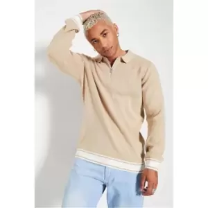 Image of I Saw It First Stone Zip Neck Polo Knit Top With Contrast Cuff - Brown