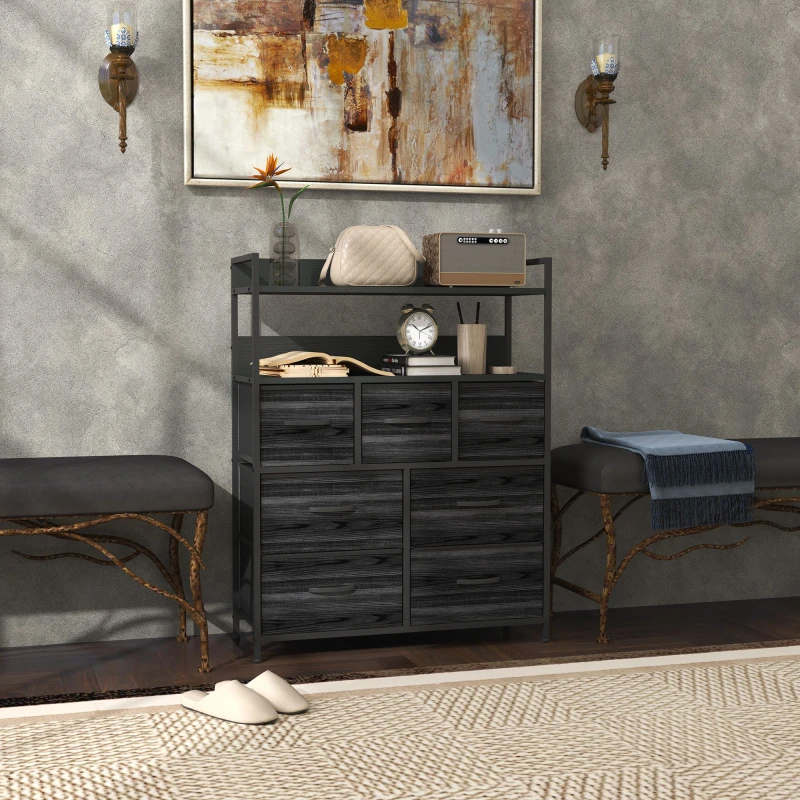 Image of HOMCOM Bedroom Chest of Drawers 7 Drawer Dresser w/ Shelves Black
