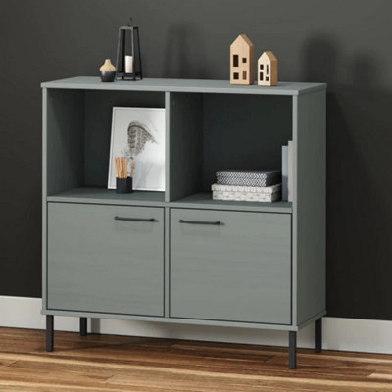 Image of Vidaxl Bookcase With Metal Legs Grey 90X35X90.5cm Solid Wood Oslo, Grey 351016