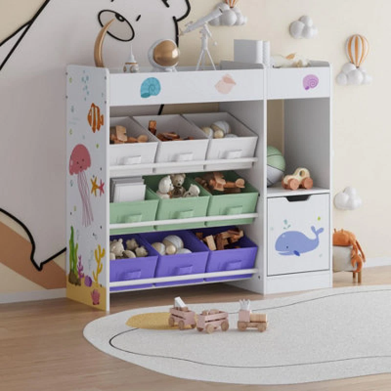 Image of Home Source Anya Ocean Theme Bookshelf Large 3 Tier Kids Toy Organiser With Bins Storage Drawer Unit