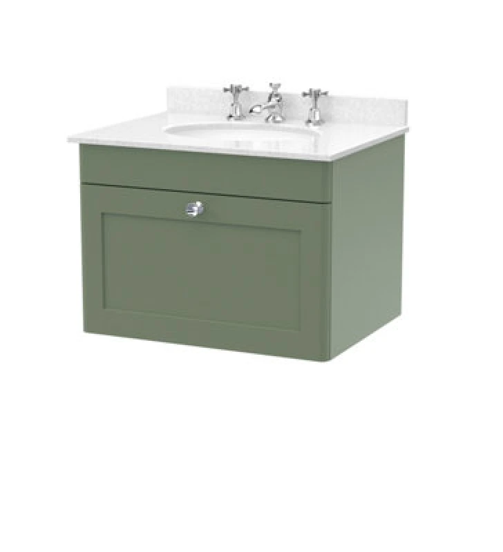 Image of nuie 600mm Wall Hung 1 Drawer Vanity & Marble Top 3TH - Satin Green CLC894WR3