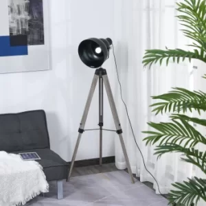 Image of HOMCOM Height Adjustable Industrial Style Tripod Floor Lamp for Living Room Bedroom, Vintage Spotlight Reading Lamp with Wood Metal Legs E27 Base