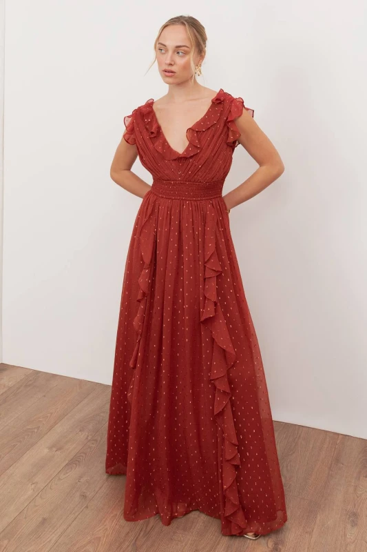 Image of Anaya with Love Womens Plunge Neck Waterfall Ruffle Maxi Dress in Red Size: 8 Red Female 8