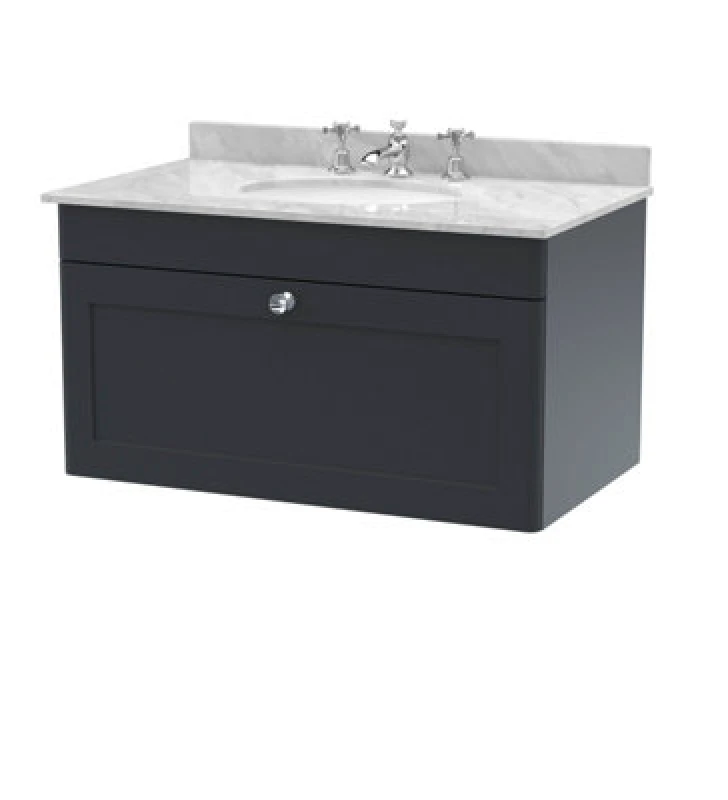 Image of nuie 800mm Wall Hung 1 Drawer Vanity & Marble Top 3TH - Soft Black CLC1496GR3