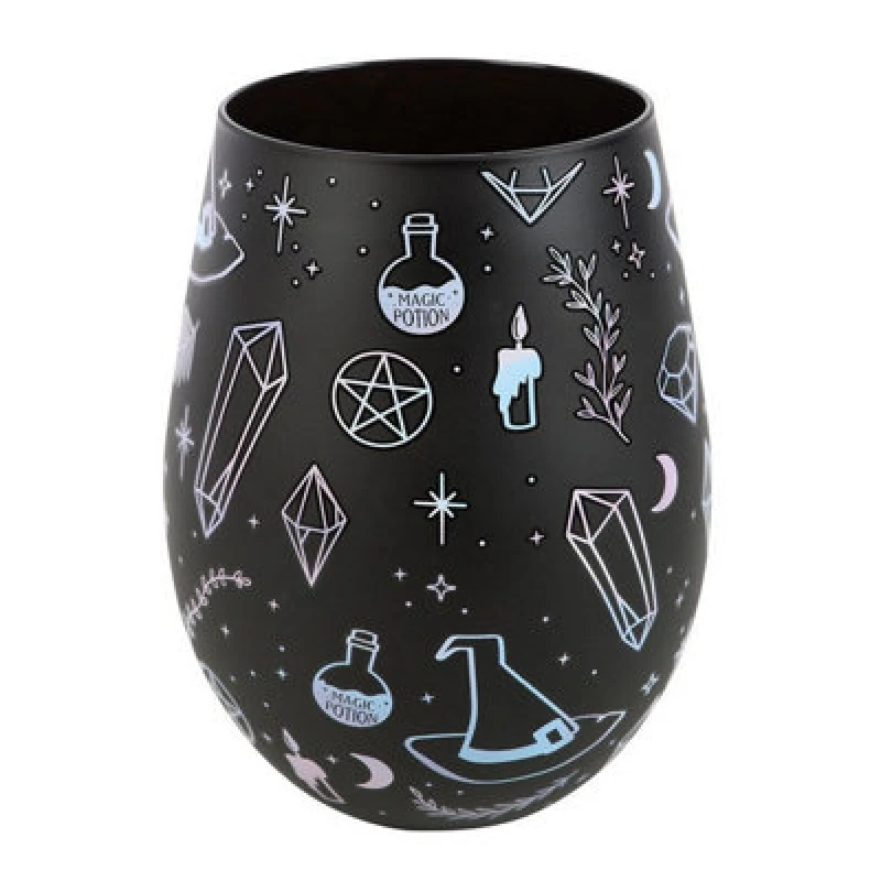 Image of Something Different Something Different Crystal Witch Print Stemless Wine Glass in Black One Size Unisex 5063574394550