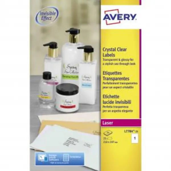 Image of Avery L7784-25 Crystal Clear Labels 25 sheets - 1 label per sheet GJQ32803J