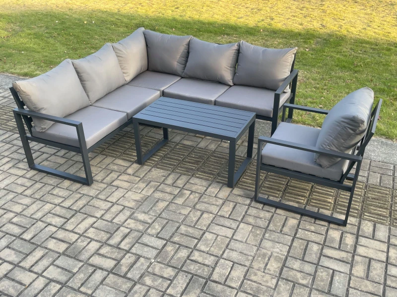 Image of Fimous Aluminium Outdoor Garden Furniture Set Lounge Sofa Oblong Coffee Table Sets with Chair Indoor Conservatory Set Dark Grey Dark Grey Unisex