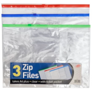 Image of Value A4 Clear Zip Files with Ticket Pocket - Assorted Colours (3 Pack)