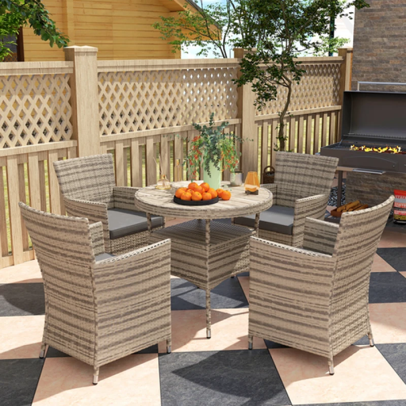 Image of Outsunny Rattan Dining Set for 4 with Cushions for Patio, Balcony, Grey 861-096V71GY