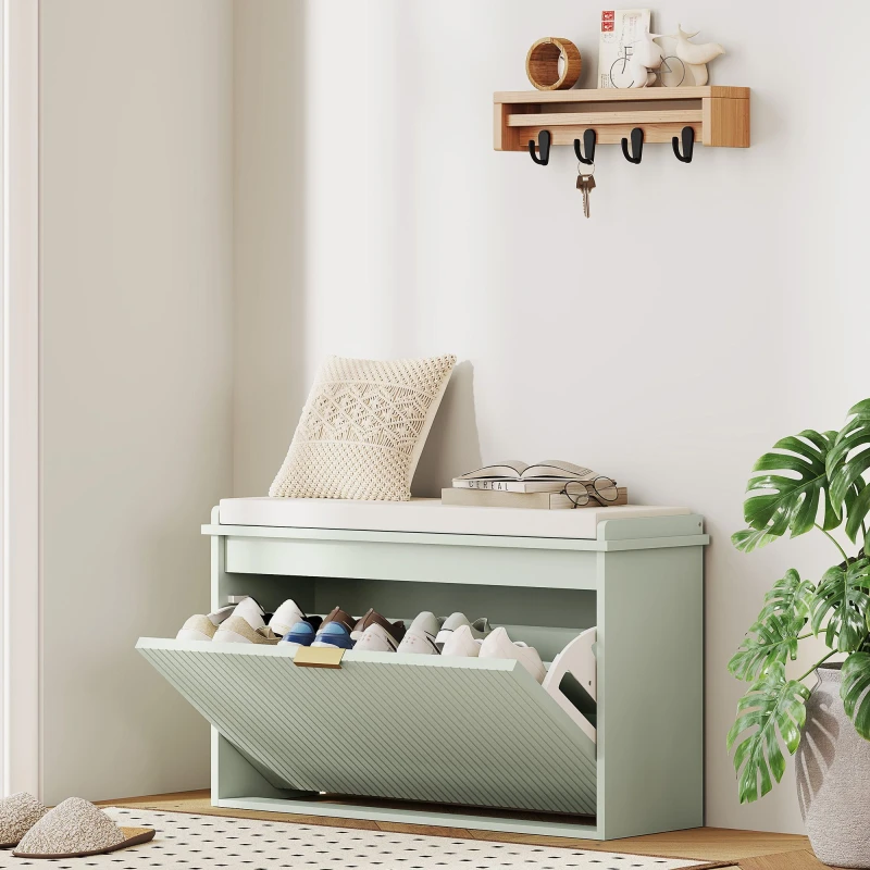 Image of HOMCOM HOMCOM Shoe Bench with Padded Seat Cushion and Flip-Drawer in Green Green One Size Unisex 5063603951563