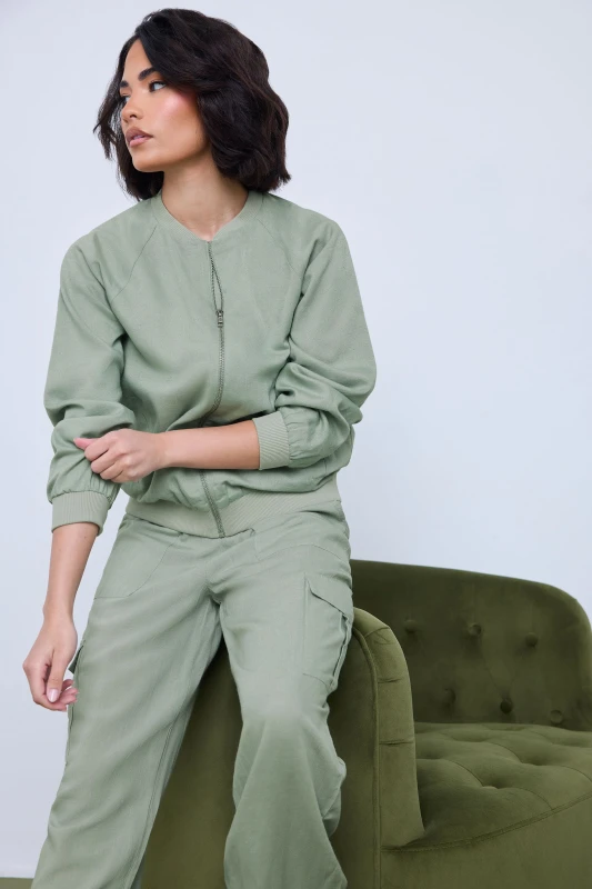 Image of PixieGirl Petite Linen Bomber Jacket Green